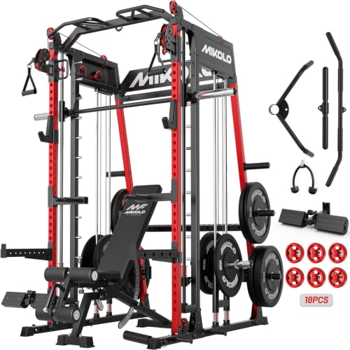Mikolo M4 2.0 Smith Machine, 2200lbs Squat Rack with LAT-Pull Down System & Cable Crossover Machine, Training Equipment with Leg Hold-Down Attachment - color: Red, size: M4 2.0 Ultra Package (with Black BP370lbs)
