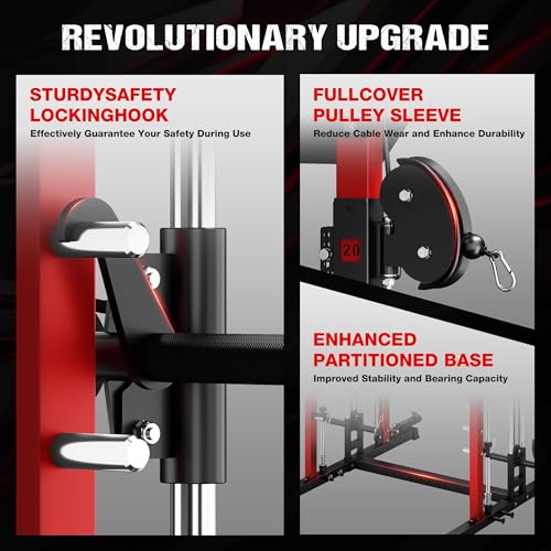 JELENS M21 Smith Machine, Multi-Function Power Cage with Dual Pulley Cable Crossover System, 2000LBS All-in-One Squat Rack with Smith Bar and Attachments - color: Red, size: M21 Smith Machine