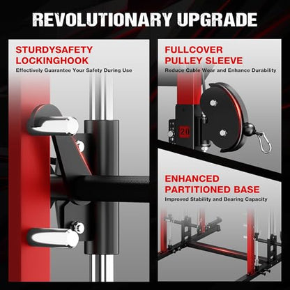 JELENS M21 Smith Machine, Multi-Function Power Cage with Dual Pulley Cable Crossover System, 2000LBS All-in-One Squat Rack with Smith Bar and Attachments - color: Red, size: M21 Smith Machine