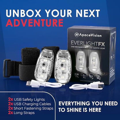 EverLightFX USB Rechargeable LED Safety Light (2 Pack) by Apace - Super Bright Bike Tail Light Works Brilliantly as Running Light for Joggers, Pets, Bicycle Strobe or Rear Clip On Lights - color: White