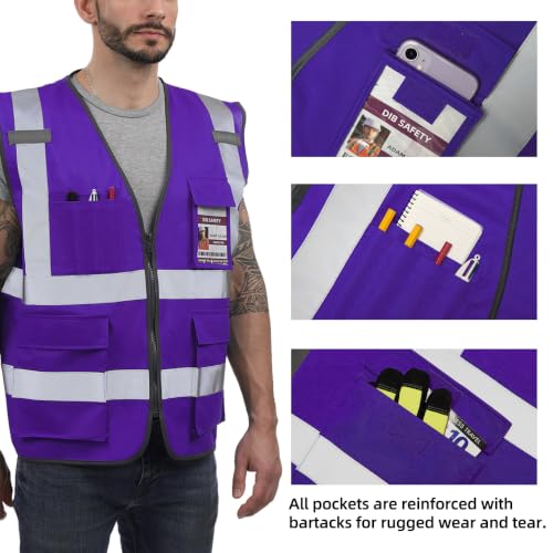 Dib Safety Hi Vis Reflective Safety Vest for Men Women with Pockets Zipper - color: Purple, size: Medium