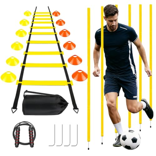 20Ft Agility Ladder Training Equipment for Soccer 12 Cones, Solo Soccer Trainer, Jump Rope Speed Football Gifts for boy