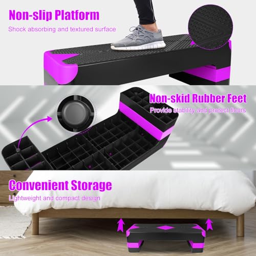 27" Exercise Workout Aerobic Step Platform with Adjustable 4"-6"-8" Risers - color: Purple