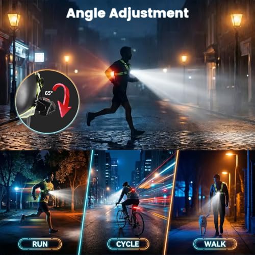 Running Lights for Runners, Waterproof Reflective Vest for Women, Reflective Running Vest with Rear Light, Adjustable 65° Beam & 6 Modes Running Light for Night Walking/Cycling/Jogging/Hiking