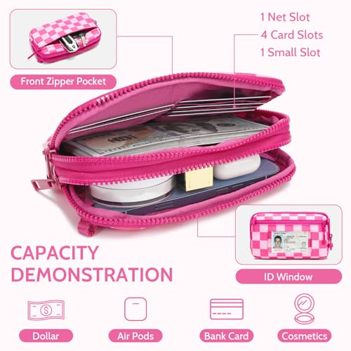 FODOKO Wristlet wallets for Women RFID crossbody bags with 4 Zippers - color: Rose Red