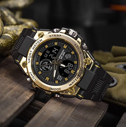AIMES Men's Watches Sports Outdoor Waterproof Military Watch LED Date Alarm Stopwatch Multi-Function Tactics Big Face Wristwatch for Men - color: Gold