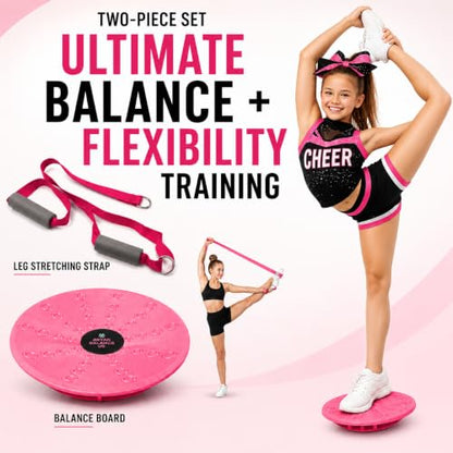 Cheer Flyer Stunt Trainer Balance Board & Leg Stretching Strap 2 Pc Set - color: Pink