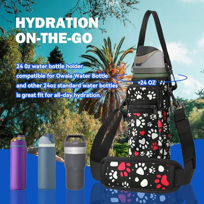 Neoprene Water Bottle Holder Bag with Cell Phone Pocket Compatible with Owala FreeSip 24 oz，Water Bottle Carrying Bag ，with Adjustable Shoulder Strap,for 24oz Stainless Steel Water Bottle - color: Polka Dots