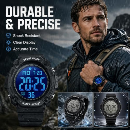 Black Digital Sports Watches for Men, Waterproof, Minimalist Large Face, Outdoor Use, LED Backlight, Stopwatch, Alarm, and Date