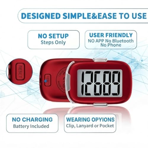 3D Pedometer for Walking, Simple Step Counter with Clip & Lanyard -Ruby Red