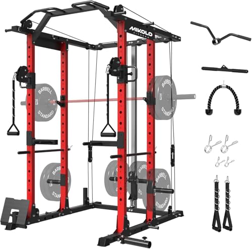 Mikolo Power Cage, Power Rack with Cable Crossover System, 1500LBS Squat Rack with LAT Pull Down System, Workout Cage with Pulley System for Fitness Home Gym - color: Red, style: Power Cage Only