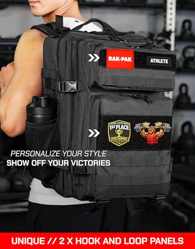 45L Tactical Gym Backpack with 2 Patch Panels, MOLLE System, Dual Bottle Holders & Clamshell Opening - color: Black