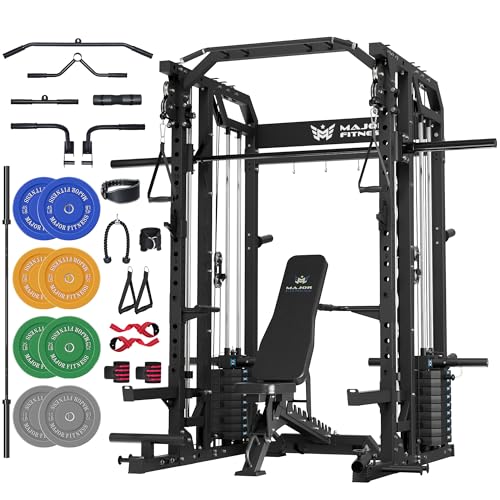 Major Fitness Drone2 Advanced Training Smith Machines– All-in-One Home Gym Squat Rack with Aluminum Pulley Set , Weight Bar, Dual LAT Pull-Down Systems & Cable Crossover Machine for Full-Body Workouts - style: BK D2AW Package(with BK Elite Bench+230lb+7FT