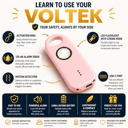 VOLTEK Personal Safety Alarm + Whistle Set for Women - Extra Loud (135 dB), LED Strobe Light, USB-C Rechargeable, Alert for Doors, Windows - Compact & Lightweight - Carabiner Included (Pink) - color: Pink
