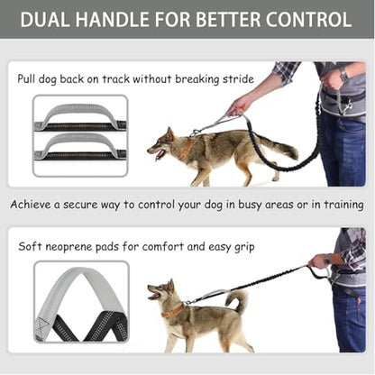 LANNEY Hands Free Dog Leash, Waist Running Leash with Zipper, Walking Pouch for Medium Large Dogs, Dual Handle and Retractable Bungee for Training Jogging Hiking(25-120 lbs, Grey) - color: Black/Grey