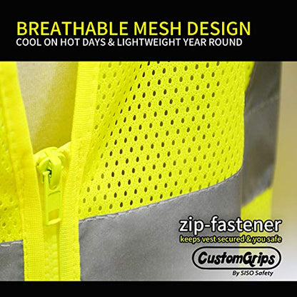 CustomGrips, Highly Visibility Original Safety Vest with 4 Highly Reflective Strips for Safety, Zipper Mesh Breathable Fabric for Outdoor Work, Jogging, Sports - ANSI/ISEA 107-2015(Class 2)[4X-Large]