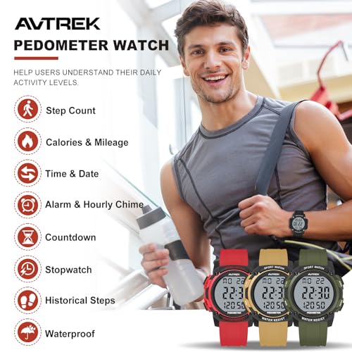 AVTREK Pedometer Watch for Walking Steps and Miles No Bluetooth/APP Needed - color: Red