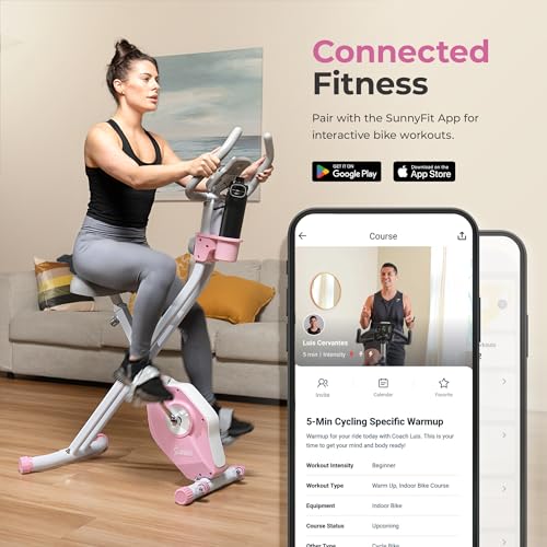 Sunny Health & Fitness Smart Foldable Magnetic X-Bike, Low-Impact Workouts - color: Pink