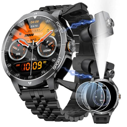 Military Smart Watch with Earbuds for Men and Women,+ Metal Band - color: Black RD +Steel band& 2Glass