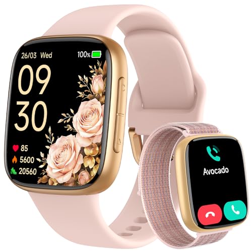 Smart Watch for Women, Answer/Make Call, 1.85" AMOLED Always-On Screen Smartwatch for iPhone & Android, 3ATM Waterproof Fitness Tracker with Heart Rate/Sleep/SpO2 Monitor, 120+ Sport Modes, 2 Bands - color: Pink