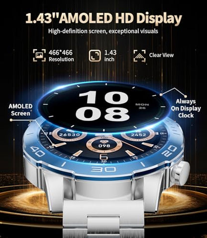 TX7 Luxury Smart Watch for Men, 1.43" AMOLED Display Fitness Tracker, 100+ Sports Mode/Sleep Monitor/IP68 Waterproof Mens Smartwatches, Military Smart Watch for Android iOS, Sliver Blue