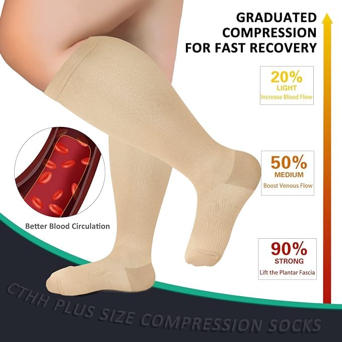 CTHH Wide Calf Compression Socks for Women Men Plus Size Knee High Stocking - color: Nude, size: Large-X-Large