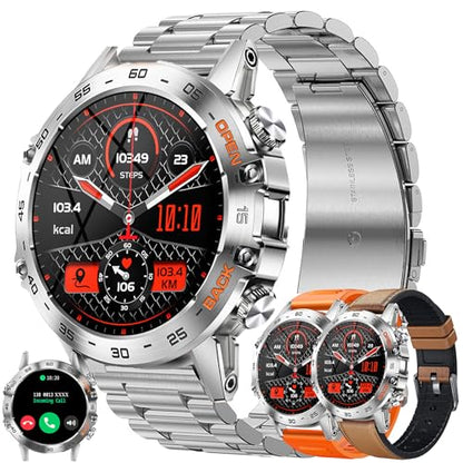 Military Smart Watch for Men(Make/Answer Call), 1.39" HD Bluetooth Tactical Fitness Tracker Smartwatch for Android iOS Phones, Outdoor 5ATM Waterproof Digital Watches Step Counter, 3 Straps (Silver)