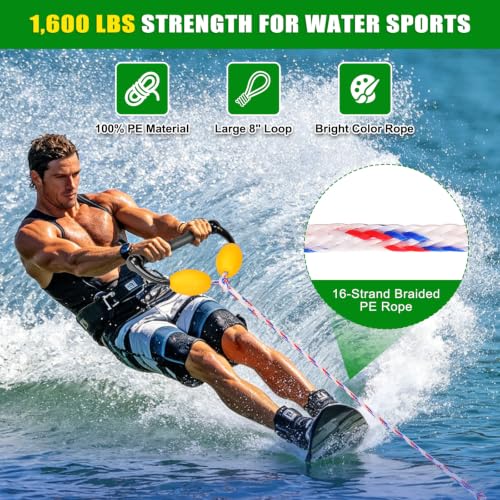 Dolibest 75FT Floating Water Ski Rope with Comfortable Handle, 4-Section Adjustable Wakeboard Tow Rope for Wakeboarding,Waterskiing,Kneeboarding & Tubing, 1600LB Strength & Reinforced End - color: White + Red + Blue (with Float Ball)