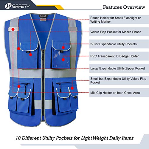 JKSafety Hi Vis Safety Vest for Men Women WIth 10 Pockets JK88 Blue L - color: Blue, size: Medium