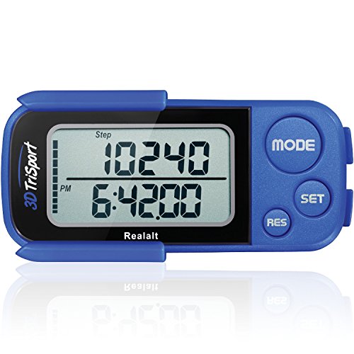 Realalt 3DTriSport 3D Walking Pedometer with Clip & Strap, Accurate Step Counter with 30-Day Memory, Distance in Miles/KM with Large Display Perfect for Seniors & Beginners, eBook Included - color: Blue