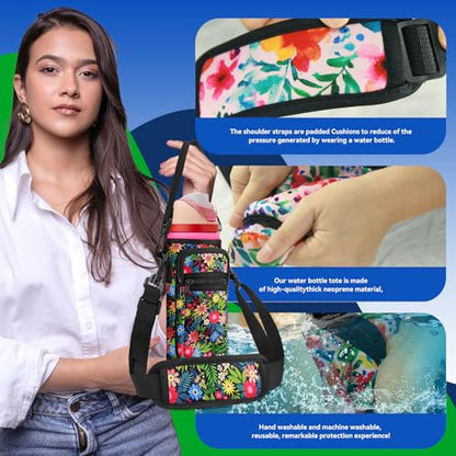 Neoprene Water Bottle Holder Bag with Cell Phone Pocket Compatible with Owala FreeSip 24 oz，Water Bottle Carrying Bag ，with Adjustable Shoulder Strap,for 24oz Stainless Steel Water Bottle - color: Wild Flower