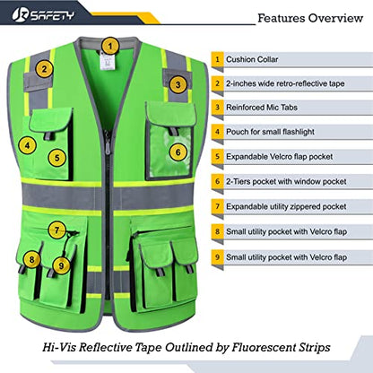 JKSafety Reflective Safety Vest for Men Cushioned Collar JK89 Green M - color: Greent1s1, size: Medium
