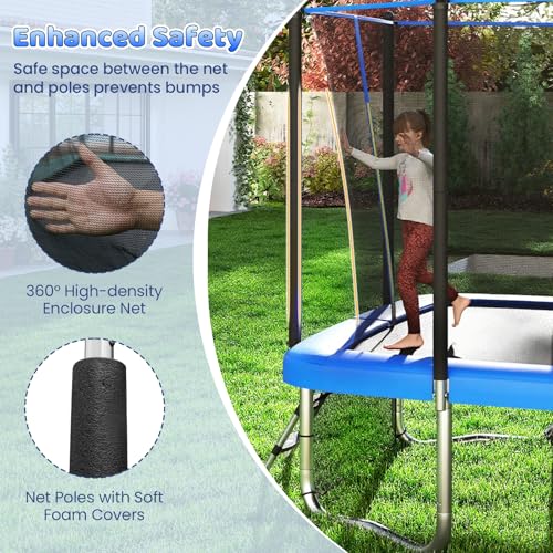 GYMAX Trampoline Outdoor, 10 x 8FT Rectangle Trampoline with Basketball Hoop, Soccer Goal, Anti-Slip Ladder & Shoes Storage, Heavy Duty Backyard Trampolines for Kids & Adults - color: Blue