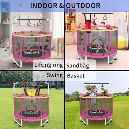Trampoline for Kids, 55 Inch Adjustable Baby Toddler Trampoline with Basketball Hoop, 440lbs Indoor Outdoor Toddler with Enclosure (Blue) - color: Pink