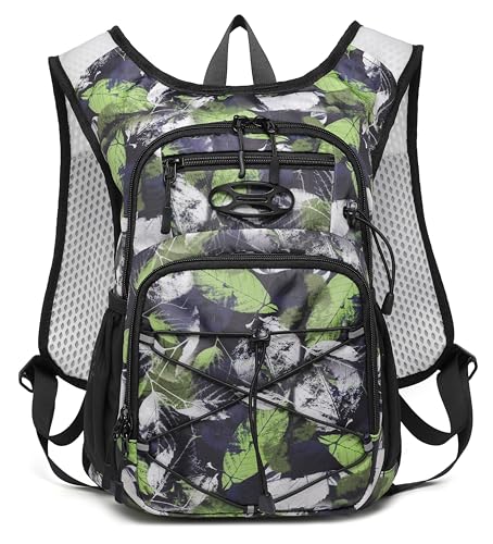 Wotony Lightweight Hydration Backpack with 2LOR 3LWater Bladder for Cycling Hiking Rave - Water Daypack for Men Women - color: green leaves