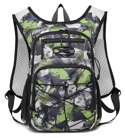 Wotony Lightweight Hydration Backpack with 2LOR 3LWater Bladder for Cycling Hiking Rave - Water Daypack for Men Women - color: green leaves