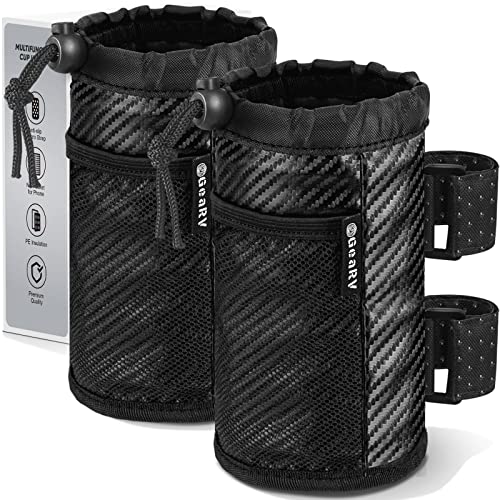 GEARV 2Pack Cup Holder for Bike, Scooter and Wheelchair, Water Bottle Holder for UTV/ATV, Walker, Golf Cart and Beach, Universal Drink Holder Accessories with Net Pocket and Cord Lock (Carbon Fiber) - color: Carbon Fiber Black