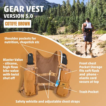 Orange Mud Gear Vest – Lightweight Hydration Pack for Running, Cycling, Triathlon – Holds 1L (35oz), Fits Large Phones, Soft Flasks, Trekking Poles – Breathable & Secure Fit - style: Coyote Brown V4