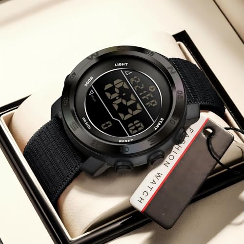 findtime Step Counter Watch No Phone Needed Pedometer for Walking Mens Women's Digital Watches with Calories Distance Alarm Countdown Timer Nylon Strap Black