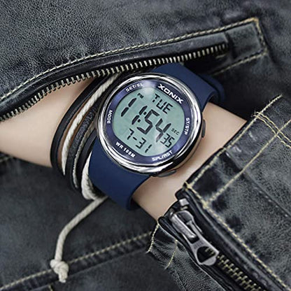 TOMORO Vogue Simple Men's Unisex 100M Waterproof Large Digits Digital Casual Women Big Boys Outdoor Stopwatch Countdown Chronograph Luminous Sport Dive Watch (Push-Button Underwater) - color: Blue Silicone 46