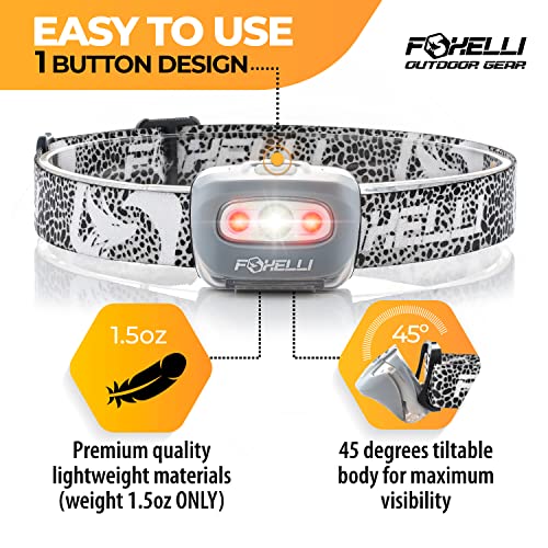 Foxelli LED Headlamp Flashlight for Adults & Kids, Running, Camping, Hiking Head Lamp with White & Red Light, Comfortable Headband, Lightweight & Waterproof, 3 AAA Batteries - color: 1-Pack Spotted