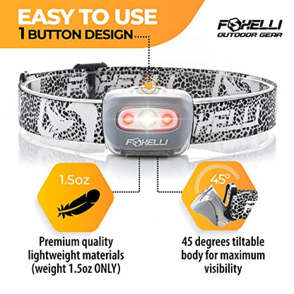 Foxelli LED Headlamp Flashlight for Adults & Kids, Running, Camping, Hiking Head Lamp with White & Red Light, Comfortable Headband, Lightweight & Waterproof, 3 AAA Batteries - color: 1-Pack Spotted