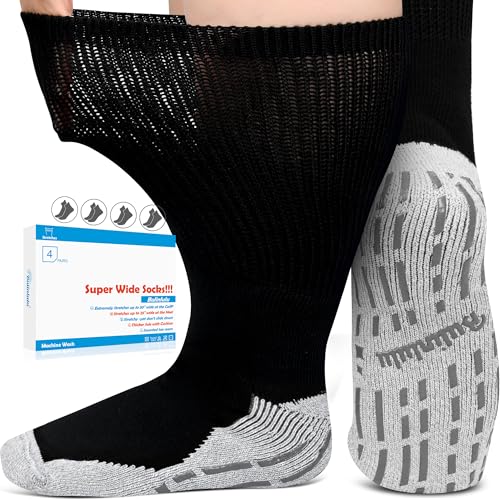 Bulinlulu Extra Width Diabetic Socks Men Women-4 Pairs Wide Edema Sock for Swollen Feet,Non Slip Cast Bariatric Socks 13-15 - color: Light Gray