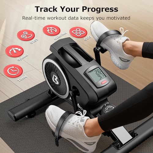 pooboo Under Desk Bike Pedal Exerciser, Quiet Magnetic Mini Exercise Bike with 16 Resistance Levels, Arm & Leg Workout, Resistance Bands，Desk Pedal Bike for Home/Office Workout