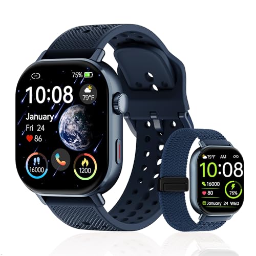 2026 Distance & Pace GPS Running Watch for Runners - Call & Text, AMOLED Large Screen, 50m Waterproof Swimming, Calorie & Step Counter, 2 Bands, Long Battery, for Seniors Men Women（Blue） - color: Blue