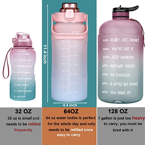 Large Motivational Water Bottle with Straw Time Marker BPA Free for Sport and Fitness (Pink Blue, 64 Oz / Half Gallon) - color: pink-blue