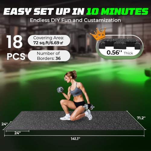 PRAISUN 0.56" Rubber Top Gym Flooring, Heavy Duty Gym Mats for Home Gym - size: 18 Tiles (72 Sq Ft)