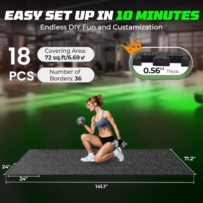 PRAISUN 0.56" Rubber Top Gym Flooring, Heavy Duty Gym Mats for Home Gym - size: 18 Tiles (72 Sq Ft)
