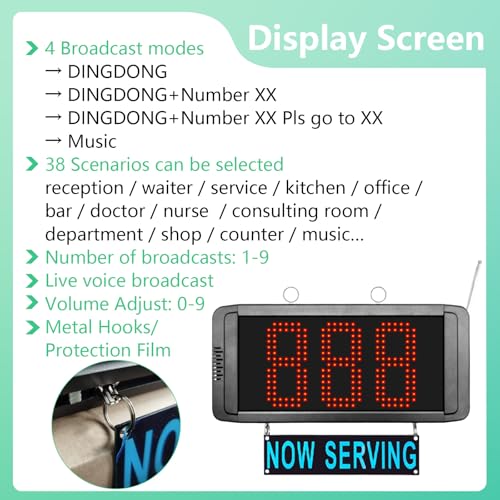 Wireless Take a Number System, 3-Digit LED Now Serving Display with Keypad Caller, Ticket Dispenser (2000 Tickets 000-999 2 Cycles) for Restaurant Bank Clinic Salon DMV Waiting Line Management