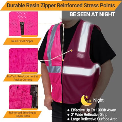 AYKRM 2 Pocket Mesh High Visibility Reflective Safety Vest for men & Women ANSI/ISEA 107 Standards - color: Pink, size: 3X-Large